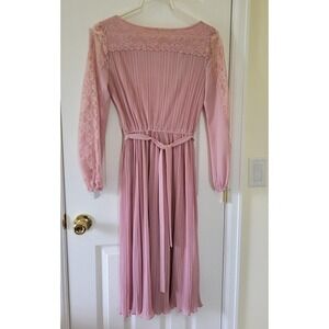 Vintage Hal Ferman Mauve Pink Pleated Lace Long Sleeve Midi Dress Size‎ 8